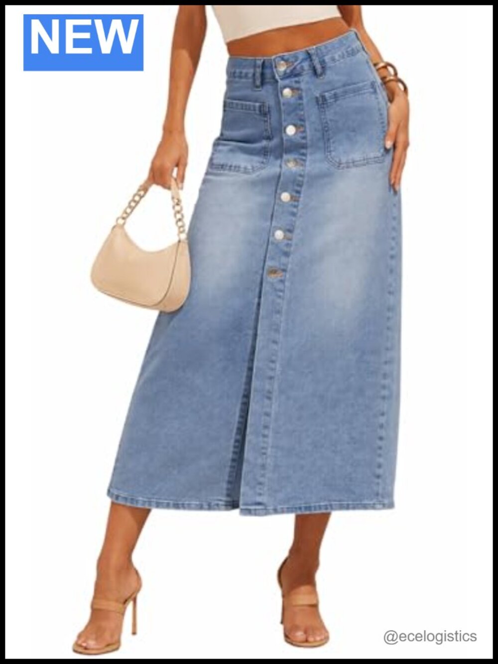 High Waist Button Down Denim Midi Skirt with Front Slit and Side Pockets